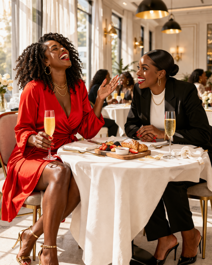 Two Black women seated across from each other at a bright upscale brunch table, first woman in a red wrap dress mid-laugh with right hand raised in a gesture mid-story, second woman in a black blazer and white knit top leaning forward with both forearms on the table reacting with wide eyes and an open smile, two mimosa glasses with gold bubbles between them and a shared appetizer board, large windows with late morning light flooding in from the left. Her SoftPower Astrology.
