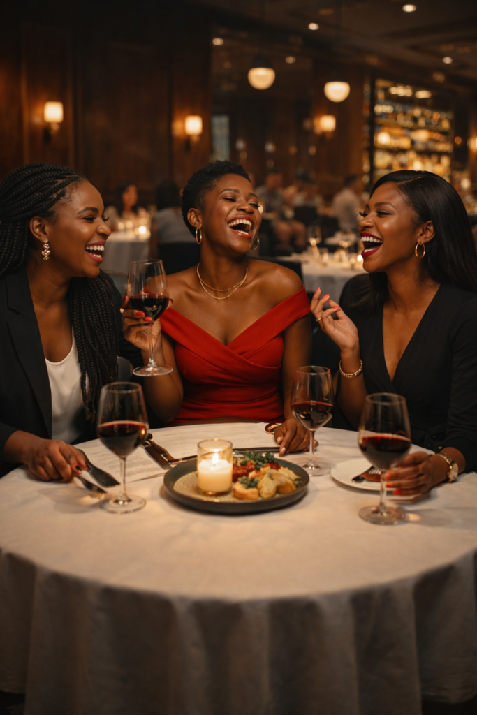 Three Black women at a round white linen restaurant table at night, all mid-laugh, center woman in a red off-shoulder dress with wine glass raised, left woman leaning in reacting, right woman mid-story with one hand raised, gold cutlery and a shared appetizer board on the table, warm amber restaurant interior behind them. Her SoftPower Astrology.
