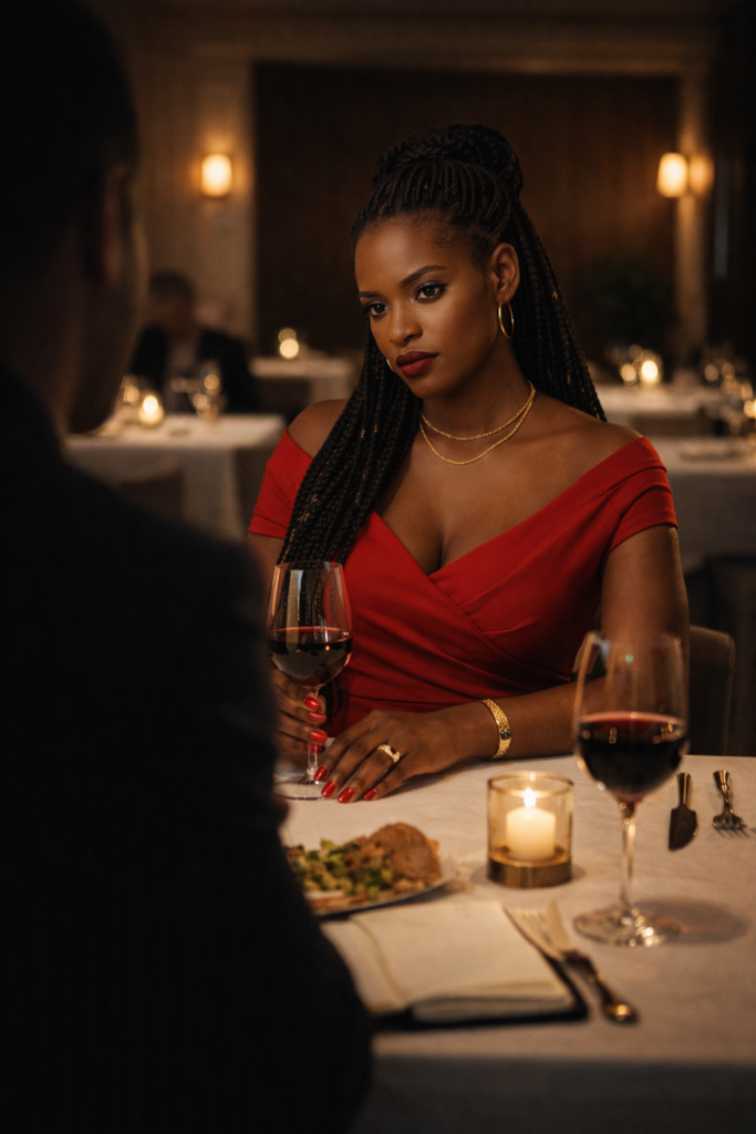Black woman in a red deep V-neck dress seated upright at a white linen restaurant table for two at night, wine glass loosely held, direct gaze across at the man opposite her who is softly out of focus, candle and gold cutlery between them, warm amber restaurant interior behind her. Her SoftPower Astrology.
