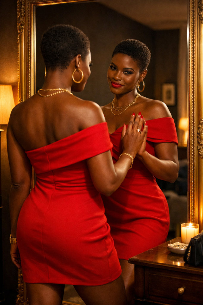 Black woman with a close-cropped TWA in a red off-shoulder dress standing in front of a large gold-framed floor-length mirror, right fingertips touching the mirror glass lightly, direct gaze into her own reflection, warm floor lamp light to the left, velvet bench with structured handbag to the right, lit candle and jewelry dish on a gold side table, dark accent wall behind her. Her SoftPower Astrology.