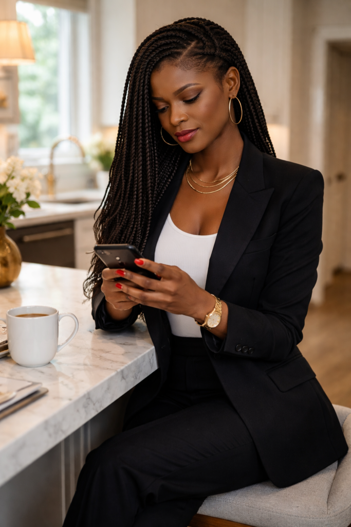 Black woman in a black blazer and white ribbed knit top seated on a bar stool at a white marble kitchen island, phone held at chest height with red nails, untouched coffee mug with fading steam beside her on the counter, gold vase with white flowers in the foreground, clean daylight from the window behind her, half-open doorway visible to the right. Her SoftPower Astrology.
