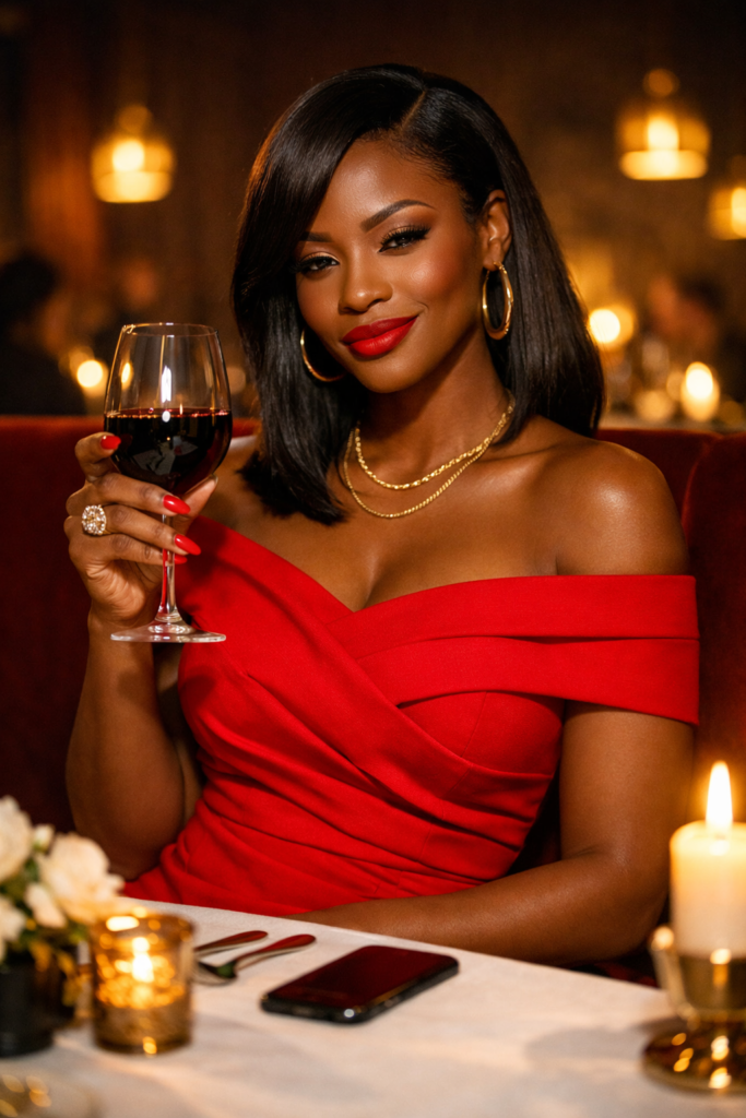 Black woman in a red dress sitting alone at a candlelit upscale restaurant table, wine glass in hand, phone face down, looking directly at the camera with quiet confidence. Her SoftPower Astrology.