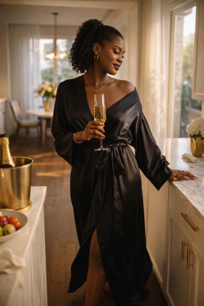 Black woman in a black floor-length satin robe mid-movement in an upscale home kitchen, champagne flute in her right hand with gold bubbles visible, twist-out hair moving from her turn, marble counter with gold ice bucket and white flowers in the foreground, morning light streaming through sheer curtains behind her. Her SoftPower Astrology.