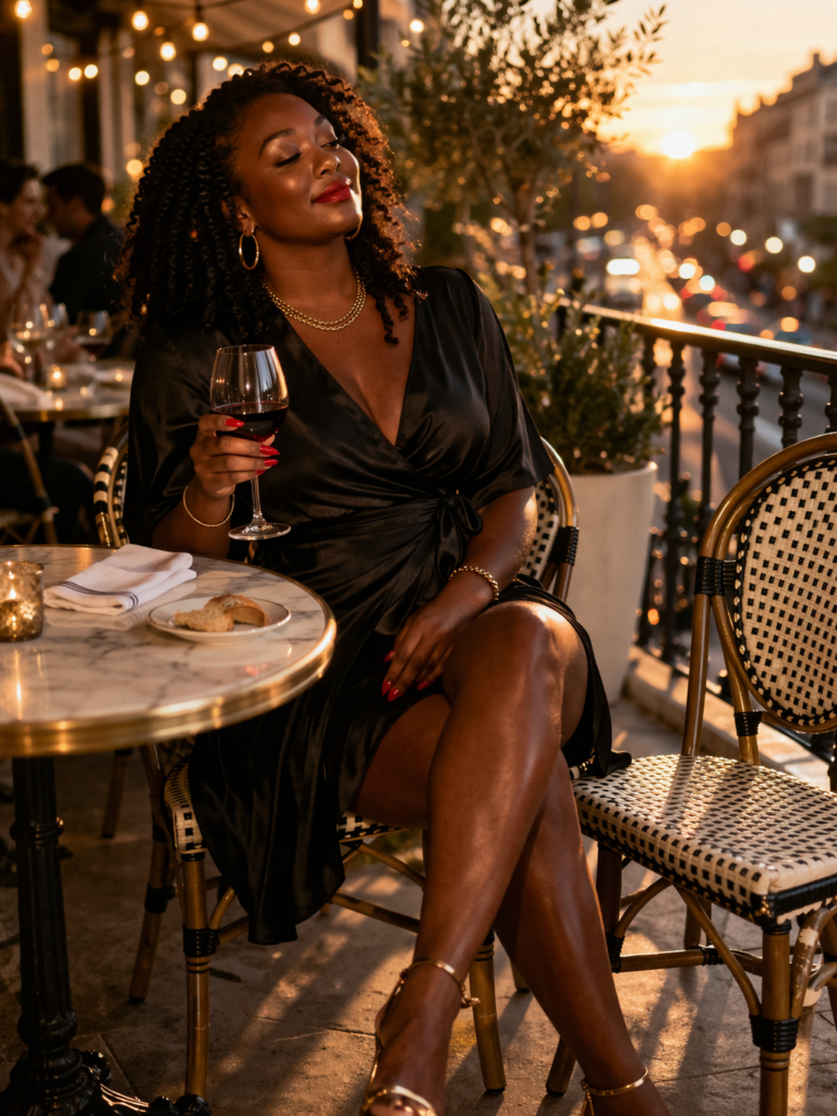Black woman in a black silk wrap dress seated alone at a small marble outdoor cafe terrace table at golden hour, wine glass held at chest height with red nails, second chair beside the table empty and slightly pulled out, head tilted back toward the warm evening sky with a private smile, twist-out coils catching the golden side light, terrace railing and softly blurred city street below visible behind her. Her SoftPower Astrology.
