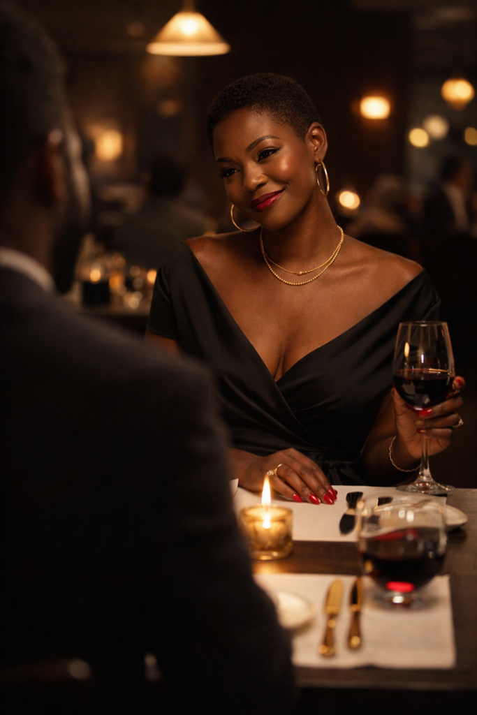 Black woman with a close-cropped TWA in a black silk wrap dress seated back fully in her chair at a white linen restaurant table at night, right hand resting open and relaxed on the table surface, left hand holding a wine glass loosely at the table edge, the man across from her visible but softly out of focus, candle and gold cutlery between them, warm amber restaurant interior behind her. Her SoftPower Astrology.
