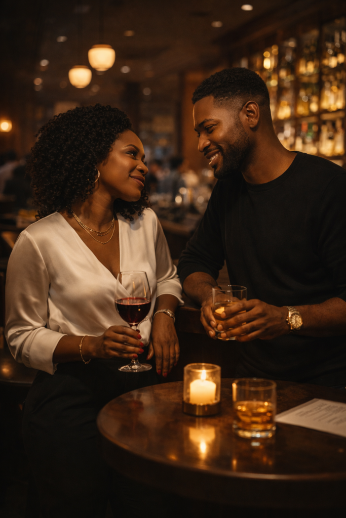 Black couple standing together at an upscale lounge bar at night, she leans against the bar in a white blouse holding a wine glass angled toward him, he stands beside her with a whiskey glass and his eyes on her face, backlit amber bar shelving glowing behind them, candlelight between their glasses on the dark wood bar surface. Her SoftPower Astrology.
