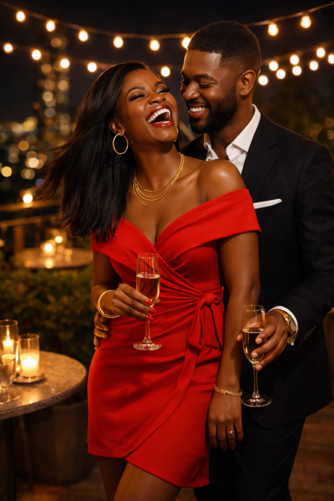 Black couple standing together on a warm outdoor terrace at night, she is mid-laugh turned toward him with her back against his chest and his arm loosely around her waist, champagne flute in her hand, silk pressed hair moving from turning in laughter, string lights creating a warm amber canopy overhead, soft city lights glowing in bokeh behind the railing below them. Her SoftPower Astrology.
