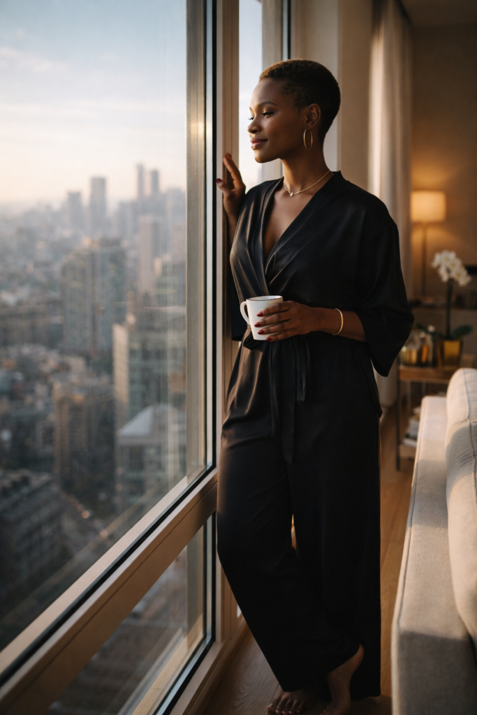 Black woman with a close-cropped TWA in a black wrap top and wide-leg trousers standing at a floor-to-ceiling window in a high-rise apartment, right shoulder leaning against the window frame, holding a ceramic coffee mug at hip height with steam rising, gazing out at the city skyline below in soft morning light. Her SoftPower Astrology.