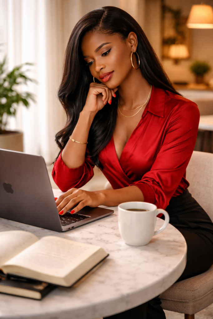 Black woman in a red blouse seated at a marble dining table with an open laptop, coffee mug steaming beside her, leaning forward with one hand on the keyboard and chin resting on her fist, morning window light behind her. Her SoftPower Astrology.
