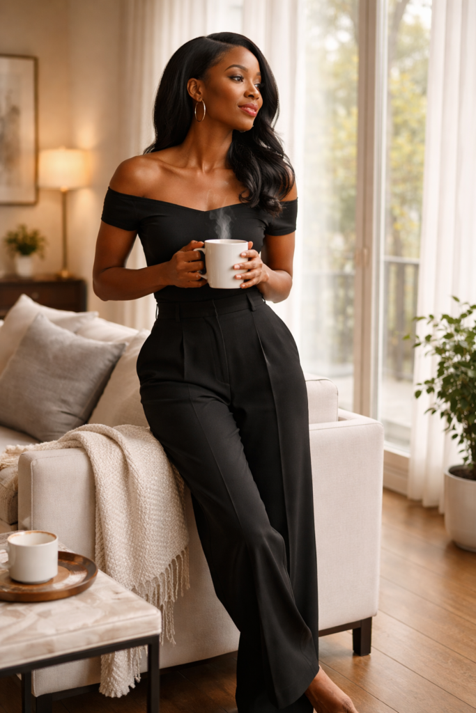 Black woman with box braids in a high loose bun in an oversized black sweatshirt reclined sideways on an ivory linen sofa, both hands holding an open hardcover book at chest height, phone face down visibly resting at her hip on the sofa cushion, lit candle and steaming ceramic mug on the coffee table in the foreground, warm floor lamp light and dark city window behind her. Her SoftPower Astrology.