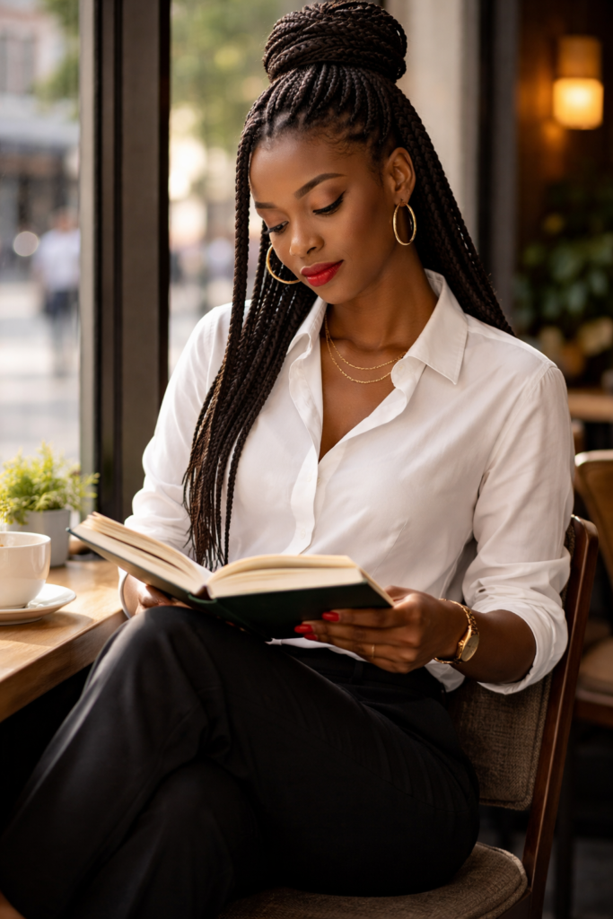 Black woman with box braids in a high bun seated at a sunny coffee shop window, holding an open hardcover book with red nails, gold jewelry catching the light, expression of quiet knowing. Her SoftPower Astrology.
