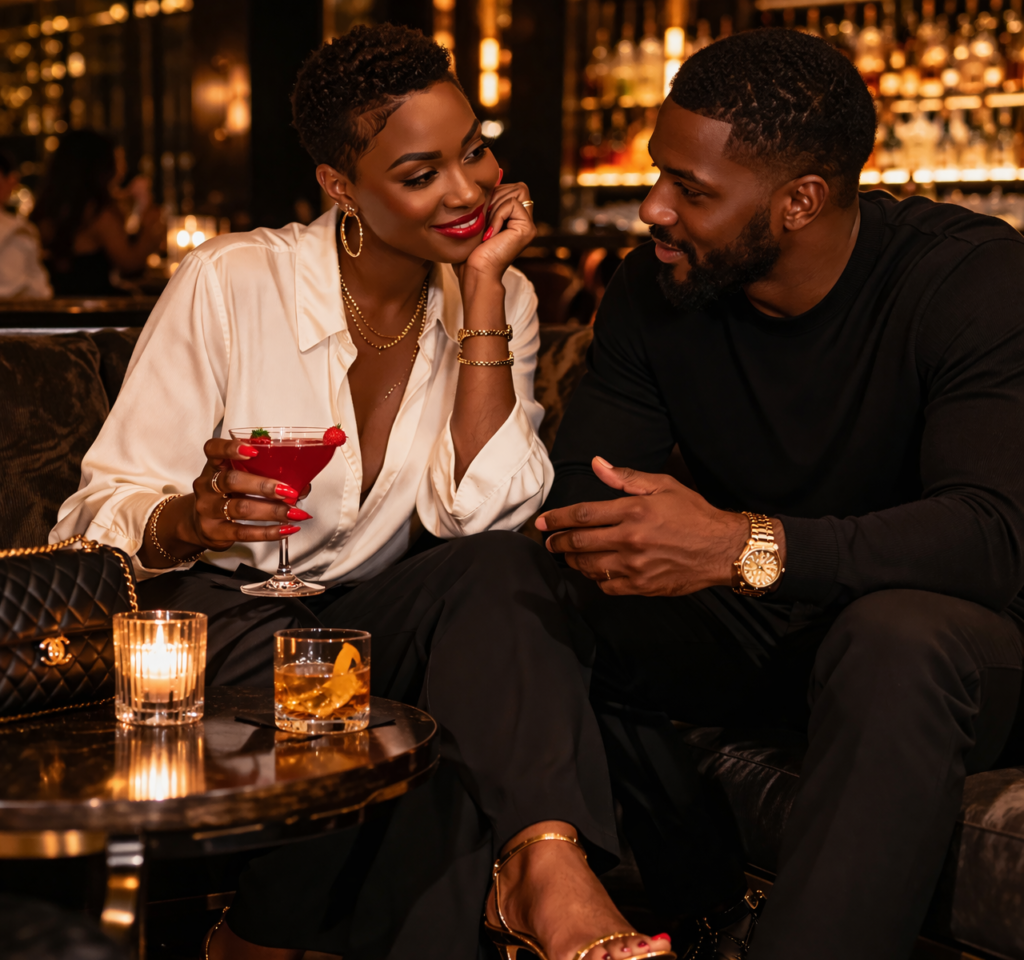 Black couple seated across from each other at a cocktail lounge, she leans forward engaged and warm while he gestures mid-conversation, two craft cocktails on the table between them. Her SoftPower Astrology.
