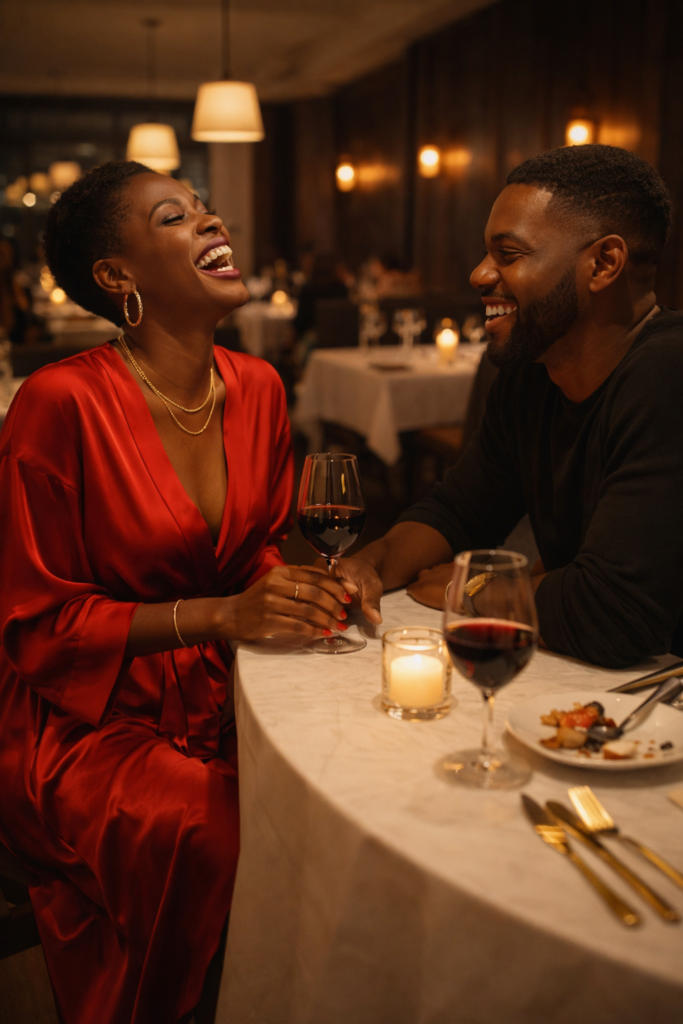 Black couple at a white linen restaurant table at night, woman in a red wrap dress tilted back in full laughter with gold hoops swinging, man across the table leaning forward with a wide relaxed smile watching her, wine glasses and candle between them, warm amber restaurant interior behind them. Her SoftPower Astrology.