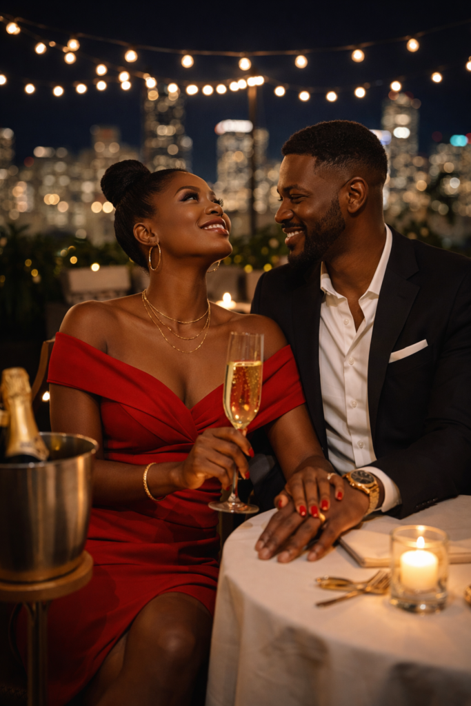 Black couple seated side by side at a rooftop dinner table at night, she leans back with a champagne flute raised and head tilted toward the open sky in a relaxed smile, he sits angled toward her with his hand overlapping hers on the white linen table, city skyline glowing in bokeh behind them, string lights overhead casting warm amber light across the scene. Her SoftPower Astrology.
