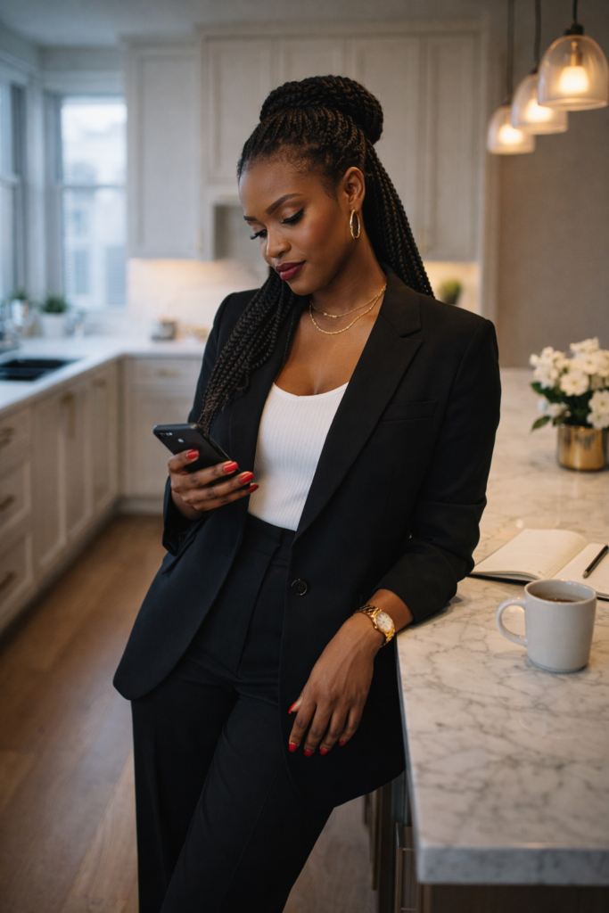 Black woman with box braids half-up in a black blazer and white ribbed knit top standing beside a marble kitchen island holding her phone at chest height, red nails loose around the phone rather than gripping it, open journal and white flowers in a gold vase on the counter beside her, clean daylight from the window behind her. Her SoftPower Astrology.