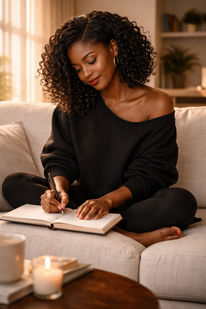 Black woman with a loose twist-out in an oversized black sweatshirt seated cross-legged on a linen sofa, writing in a journal mid-sentence, late afternoon golden light streaming through the window to her left, ceramic mug and candle on the coffee table in the foreground. Her SoftPower Astrology.
