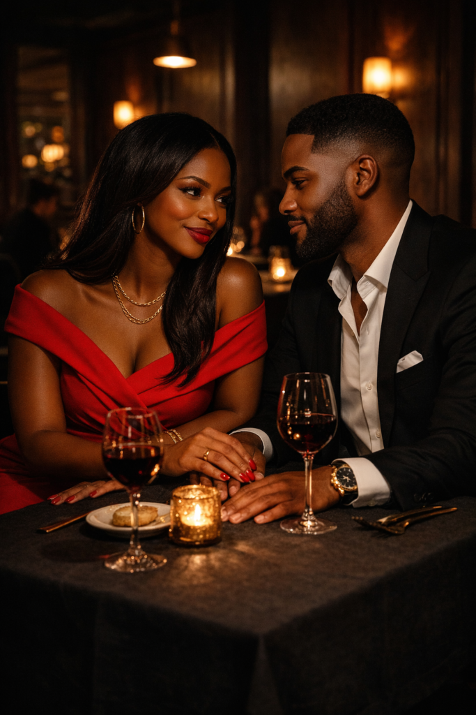 Black couple seated at an intimate restaurant table with deep charcoal linen at night, she is in a red dress with her hand overlapping his on the table, he is in a black blazer leaning slightly forward with his eyes entirely on her face, a lit candle in a gold holder between them casting warm moving light across both faces, deep amber restaurant interior behind them with warm wall sconces creating rich shadow. Her SoftPower Astrology.