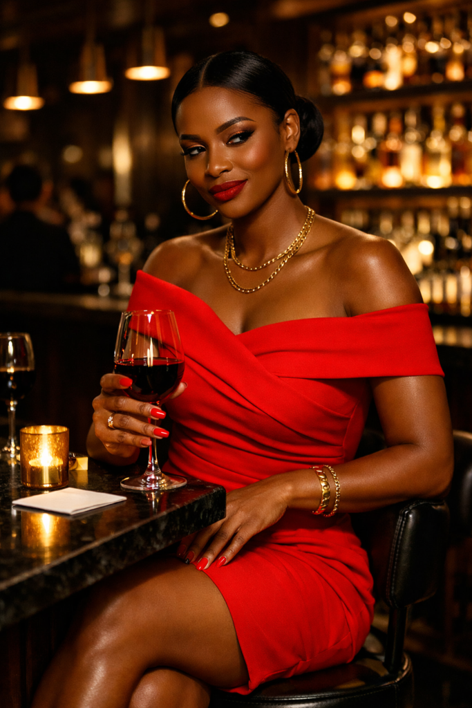 Black woman in a red off-shoulder dress seated at a dimly lit restaurant bar at night, right hand loosely holding a wine glass on the dark marble bar surface, gaze directed off frame with a knowing expression, large gold hoops and layered necklaces catching the candlelight, backlit amber bar shelving glowing behind her, lit candle in a gold holder beside her wine glass. Her SoftPower Astrology.
