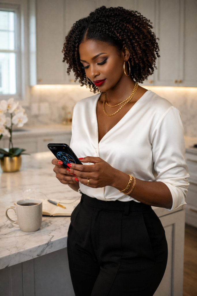 Black woman in a white silk blouse and black trousers standing at a white marble kitchen counter, both hands holding a phone at chest height with a circular birth chart visible on the screen, twist-out coils falling forward as her head tilts toward the screen, open notebook with handwritten notes and gold pen beside a steaming coffee mug on the counter, clean daylight from the window above. Her SoftPower Astrology.