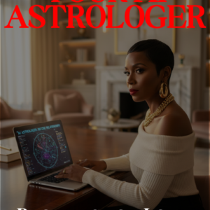 Book cover for Your AI Astrologer by Her SoftPower Astrology, showing a Black woman with a short natural cut in an off-shoulder cream sweater seated at a dark wood desk with a laptop displaying a circular birth chart on the screen, gold chain necklace, warm luxury living room behind her, bold red title at the top and white subtitle reading Prompts for Love, Career, and Money at the bottom.