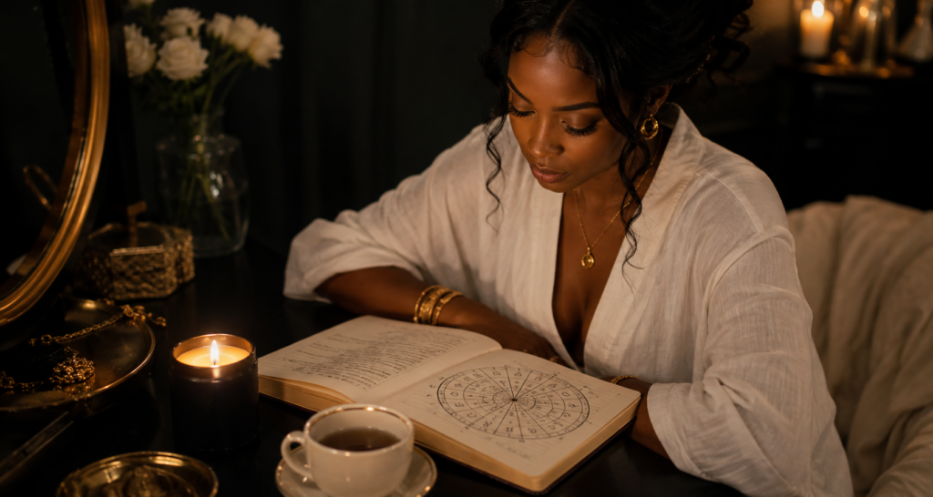 Black woman in a white linen shirt with curly hair pinned up, gold hoop earrings and stacked gold bracelets, leaning over an open book showing a hand-drawn circular birth chart, lit candle in a dark ceramic holder beside a white teacup and saucer, gold round mirror and white flowers in the background, warm candlelight illuminating the dark surface. Her SoftPower Astrology.
