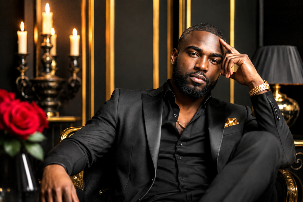 Black man in a black satin-lapel blazer and black dress shirt, gold chain necklace and gold watch on the left wrist with one hand raised to his temple in a composed thinking pose, seated in a gold ornate chair, red roses in a vase to his left, tall gold candelabra with lit candles behind him, dark charcoal walls with vertical gold architectural stripe detailing, black lamp with gold base to the right, direct gaze into the camera with quiet authority. Her SoftPower Astrology.
