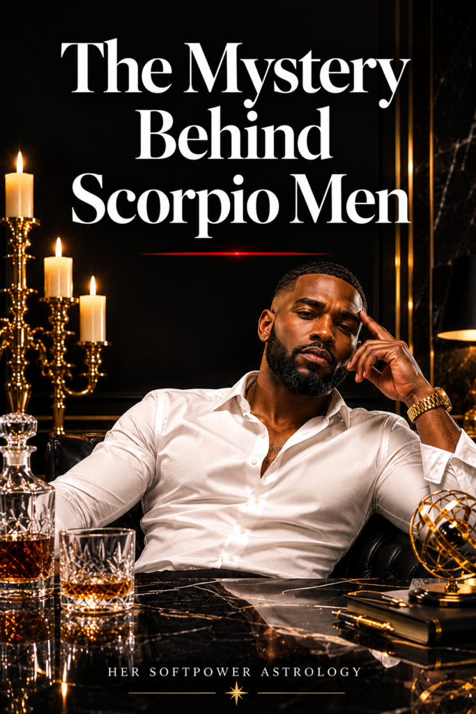 Pinterest pin graphic for Her SoftPower Astrology titled The Mystery Behind Scorpio Men in large white serif text, showing a Black man in a fitted white button-down shirt with two buttons open seated at a dark marble surface, one hand raised to his temple in a relaxed thinking pose, gold watch on his wrist, crystal whiskey decanter and glass to his left, gold armillary sphere and gold pen to his right, tall gold candelabra with lit candles behind him, dark moody interior with gold architectural detailing, red underline accent beneath the title, Her SoftPower Astrology brand name and gold star at the bottom.