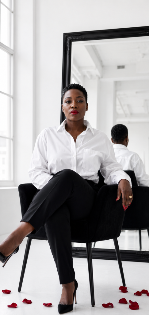 Black woman with a short natural TWA in a white oversized button-down shirt and black tailored trousers and black stiletto heels, seated in a black velvet chair in front of a large black-framed floor mirror that reflects her back, bold red lipstick, red nails, gold ring on the right hand resting on the crossed knee, red rose petals scattered on the white floor around her, direct gaze into the camera with complete self-possession. Her SoftPower Astrology.