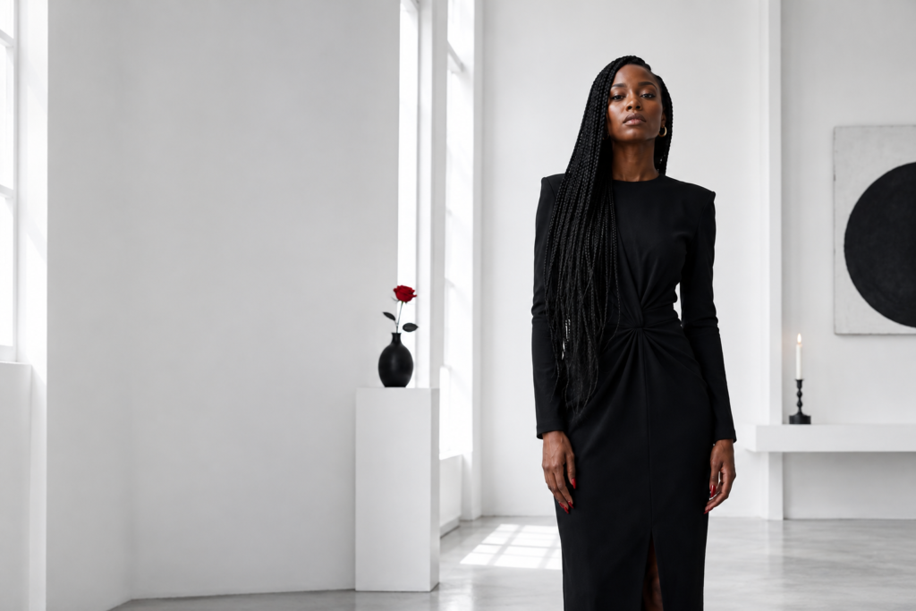 Black woman with waist-length box braids in a structured black long-sleeve dress with a twisted waist detail, standing in a minimal all-white gallery space, a single red rose in a black matte vase on a white pedestal to her left, a black circular art piece on the wall to the right, a black candle on a white shelf behind her, red nails, direct gaze into the camera with quiet authority. Her SoftPower Astrology.