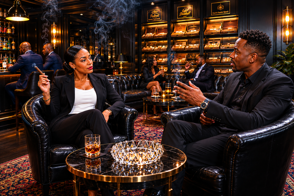 Black couple seated across from each other in deep black leather chesterfield chairs in an upscale cigar lounge, woman in a black blazer and white fitted top holding a lit cigar with smoke rising, watching the man with a calm evaluating expression, legs crossed, gold bracelet on the wrist, the expression of a woman listening strategically rather than romantically. Man in a black shirt and blazer leaning forward with both hands gesturing mid-explanation, watch on his wrist, whiskey glass visible. Between them a marble-topped gold table with two whiskey glasses and a crystal ashtray. Dark wood shelving lined with cigar boxes in the background, other patrons softly blurred. Her SoftPower Astrology.