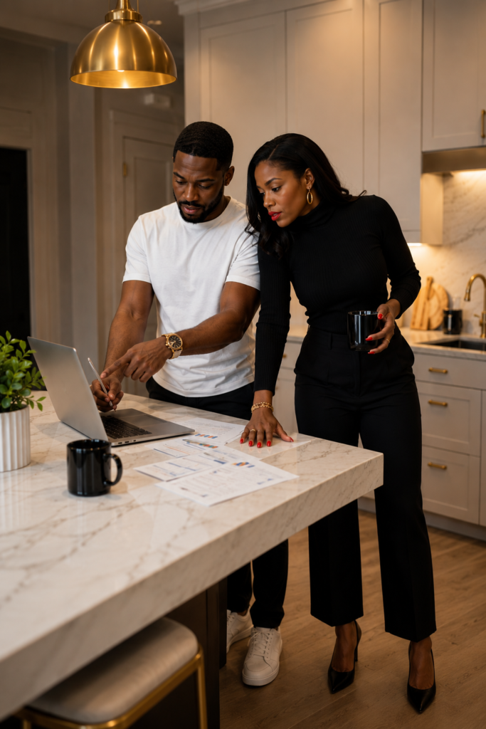 Black couple standing at a white marble kitchen island at night, man in a white crew neck with a gold watch pointing at an open laptop screen with a pen in his right hand, financial charts and documents spread on the counter surface, woman in a black ribbed turtleneck with gold hoops and red nails leaning toward the screen with one hand flat on the counter and the other holding a black mug, gold pendant light overhead, warm white cabinetry and gold hardware in the background. Her SoftPower Astrology.