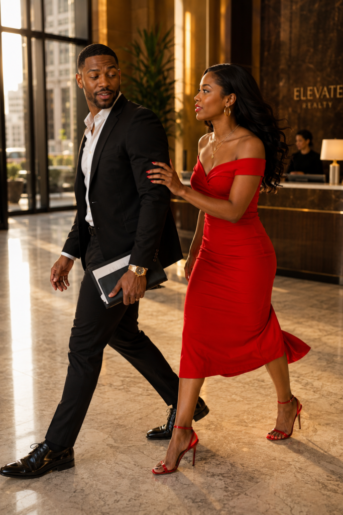 Black couple mid-stride through the marble lobby of a luxury real estate office with a sign reading Elevate Realty, man in a black suit and white shirt holding a folder of documents with a gold watch visible, looking back over his right shoulder toward the woman beside him, woman in a fitted red off-shoulder midi dress with red strappy heels and layered gold necklaces, her right hand touching his arm as she catches up, dress hem moving from the stride, warm golden lobby light flooding through large windows with the city visible behind them, receptionist desk softly blurred in the background. Her SoftPower Astrology.