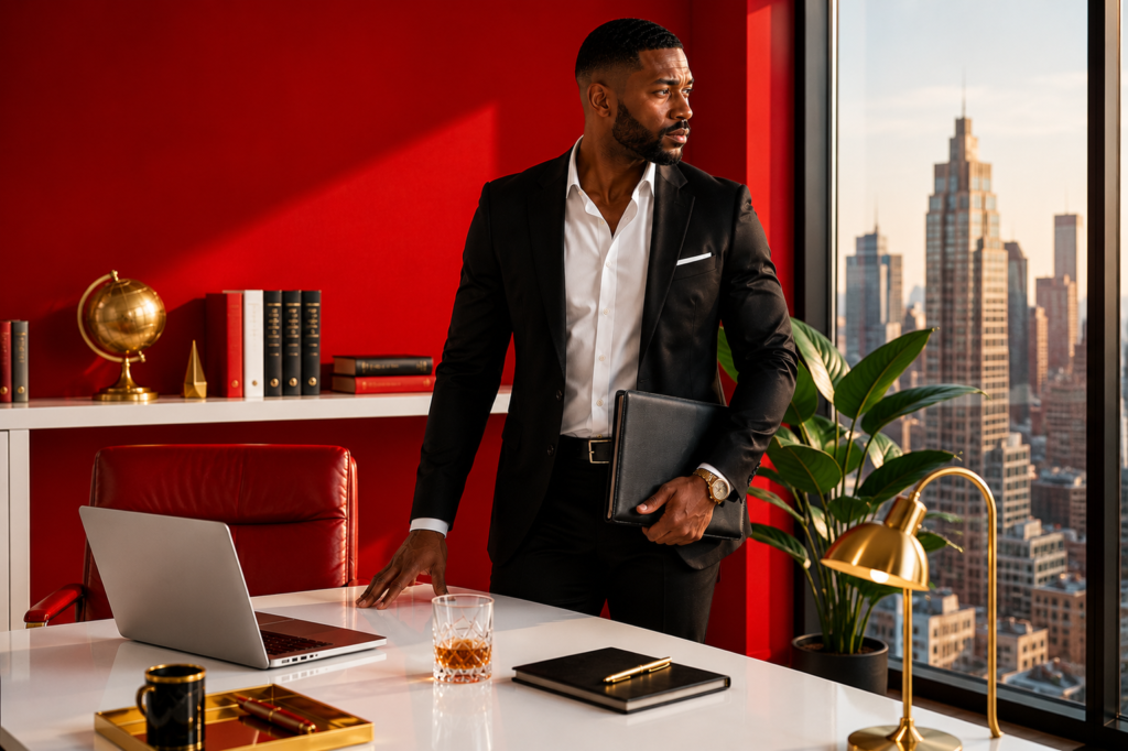 Black man in a fitted black suit and white open-collar dress shirt standing at a white desk in a high-rise office, holding a black leather portfolio folder at his side, left hand touching the desk surface, gaze directed out the large window at the city skyline, gold watch on the wrist, crystal whiskey glass and black notebook with gold pen on the desk, gold globe and dark books on the shelf behind him, deep red accent wall, warm afternoon city light. Her SoftPower Astrology.