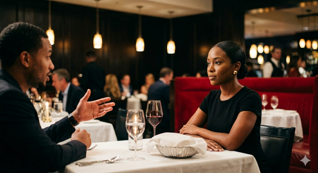 Black couple at a white linen restaurant table, man in a dark blazer leaning forward with both hands open mid-gesture in active explanation, woman in a black dress with arms resting on the table and a composed evaluating expression watching him speak, wine glass with red wine between them, low candle on the table, dark wood restaurant interior with red velvet booth seating and warm pendant lights behind them, other diners softly blurred in the background. Her SoftPower Astrology.