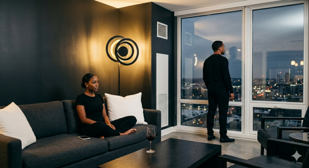 Black couple in a high-rise apartment at dusk, woman seated cross-legged on a grey sofa with a phone beside her and a wine glass with red wine on the black coffee table in front of her, looking across the room at the man, who stands at the floor-to-ceiling window with his back to her looking out at the glowing city skyline, warm gold wall sconce lighting behind her, the emotional distance between them as wide as the room. Her SoftPower Astrology.