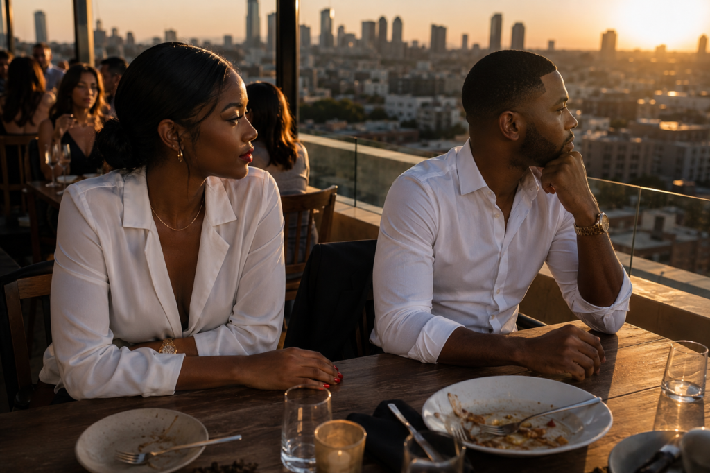 Black couple seated at a rooftop restaurant at golden hour, woman in a white deep-V blazer with gold hoop earrings and red lips looking sideways at the man with a searching evaluating expression, man in a white dress shirt with gold watch resting his chin on his hand looking away from her toward the city, finished plates of food on the table, warm amber city skyline at sunset visible through glass panels behind them, other diners softly blurred in the background. Her SoftPower Astrology.