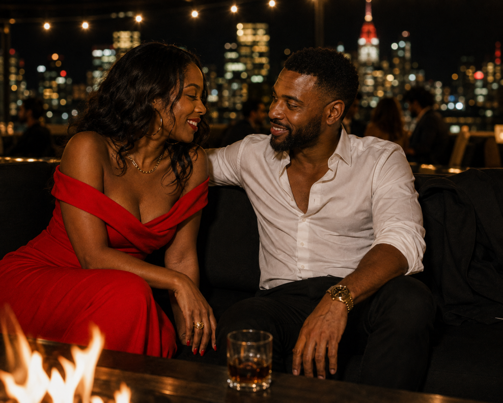 Black couple laughing together on an upscale rooftop lounge at night, woman in a red off-shoulder evening dress with wavy dark hair, gold hoop earrings and layered gold necklace, leaning toward the man beside her with a full open smile, man in a white open-collar linen shirt with a gold watch and dark trousers, arm around her shoulder looking back at her with a relaxed warm smile, crystal whiskey glass on the low table in front of them, open fire pit glowing in the foreground, New York City skyline with the Empire State Building lit up in the background. Her SoftPower Astrology.