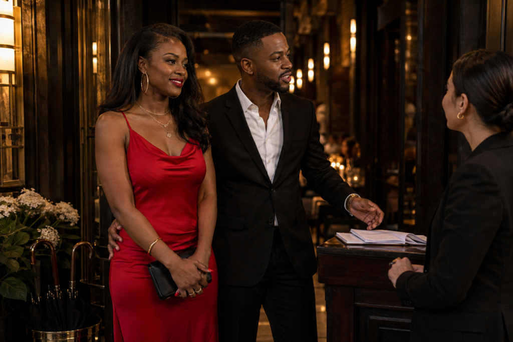 Black couple arriving at an upscale restaurant entrance, woman in a red satin slip dress with large gold hoop earrings, layered gold necklaces, and a small black clutch smiling with red lips, man beside her in a black blazer and white open-collar shirt speaking confidently to the female hostess at the entrance stand with his hand resting at the woman's lower back, warm amber restaurant interior lighting and decorative white florals visible behind them. Her SoftPower Astrology. Provider man energy. Dating advice for women 40s.