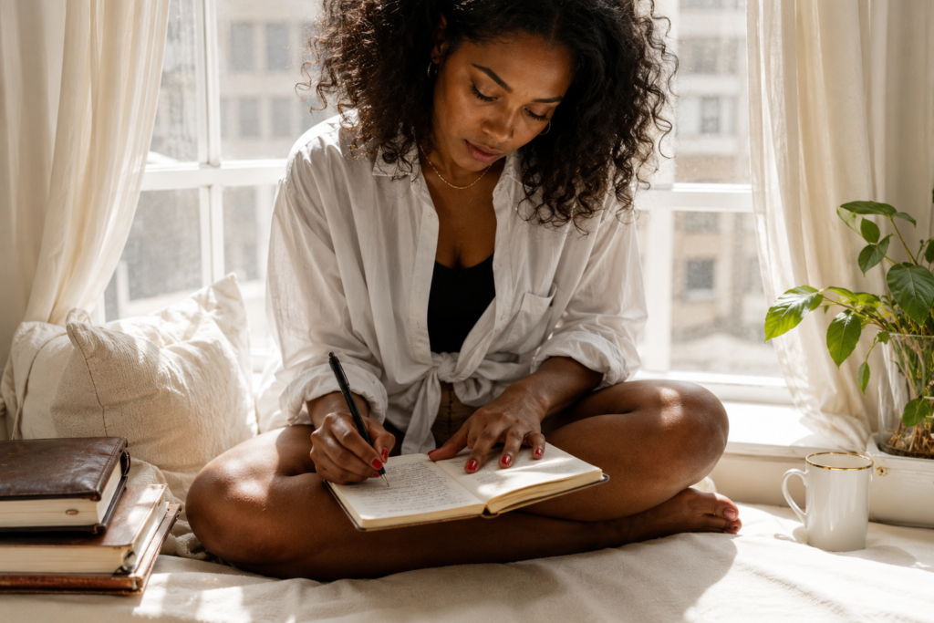 Black woman with natural curly hair in a white linen button-down shirt knotted at the waist, seated cross-legged on a bed near a bright window with sheer curtains, writing intently in a small open journal with a black pen, red nails and small gold hoop earrings, a stack of leather-bound journals to her left, a gold-rimmed white mug to her right, a trailing green plant on the windowsill, warm natural morning light flooding the scene. Her SoftPower Astrology. Astrology journal prompts for Black women. Finding your life purpose. 5th house astrology.