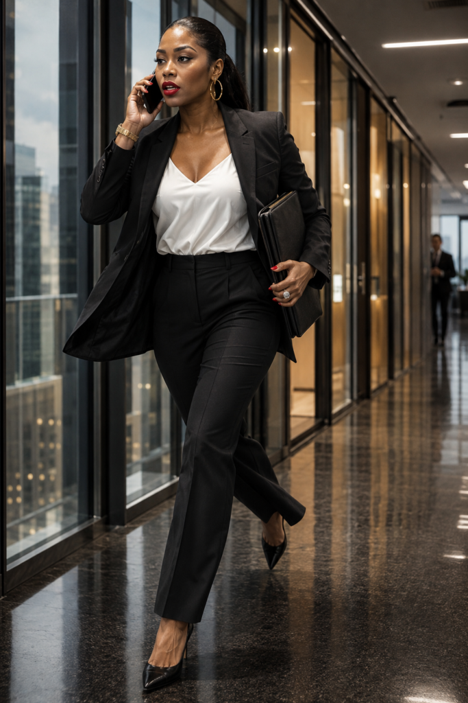 Black woman in a tailored black blazer and high-waist trousers mid-stride through a high-rise corporate corridor, phone held to her ear with bold red lips and large gold hoop earrings, gold watch on the left wrist, red nails and a statement ring visible on the hand gripping a black portfolio, floor-to-ceiling windows with a city skyline behind her, polished dark marble floors reflecting the overhead lighting, a suited figure blurred in the background. Her SoftPower Astrology. Aries Rising birth chart. Money houses astrology. Birth chart wealth strategy for Black women.