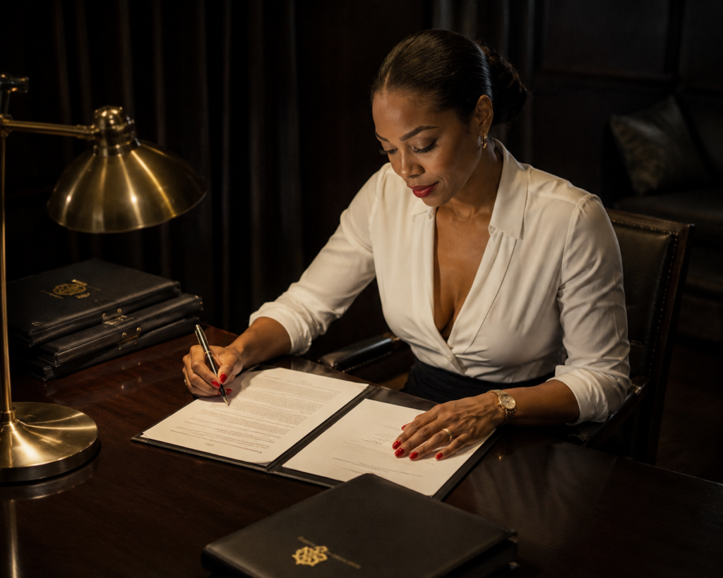 Black woman in a white deep-V wrap blouse seated at a dark mahogany desk, red nails and gold watch visible as she signs documents inside a black leather portfolio folder, small gold hoop earrings and red lips, a brass gold desk lamp casting warm directional light from the left, stacked black embossed folders to her left, a second closed leather folder in the foreground, dark curtains and rich dark wood office interior behind her. Her SoftPower Astrology. Scorpio 8th house astrology. Birth chart wealth strategy. Astrology for Black women building wealth quietly.