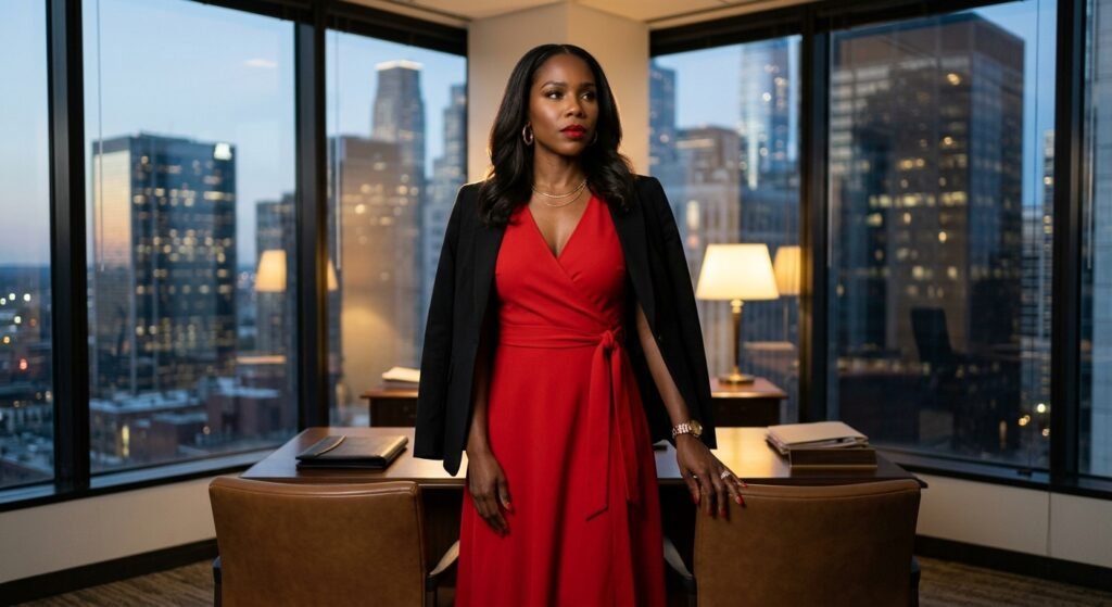 Black woman in a red wrap midi dress with a black blazer draped over her shoulders, standing at the head of a conference table in a corner high-rise office at dusk, layered gold necklaces and large gold hoop earrings, gold watch and red nails resting on the dark conference table surface, bold red lips, long wavy dark hair, floor-to-ceiling windows showing a glowing city skyline in the deep blue evening light, a warm desk lamp on the credenza to the right, leather chairs and a closed leather portfolio folder on the table in the foreground. Her SoftPower Astrology. Capricorn 10th house astrology. Aries Rising career authority. Birth chart legacy for Black women.