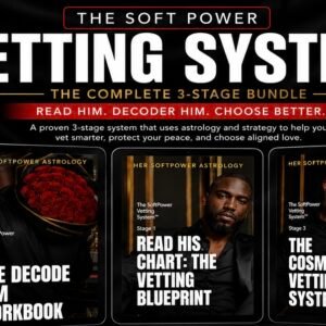 Product mockup for The Soft Power Vetting System by Her SoftPower Astrology showing three tablets against a dark black and red draped background, left tablet showing The Decode Him Workbook Stage 2 with a Black man from behind holding a large bouquet of red roses in a black box, center tablet showing Read His Chart The Vetting Blueprint Stage 1 with a Black man in a black shirt against gold vertical accent lighting, right tablet showing The Cosmic Vetting System Stage 3 with a Black man in a black shirt holding a crystal whiskey glass, bold white and gold headline text reading The Soft Power Vetting System The Complete 3-Stage Bundle Read Him Decode Him Choose Better above the tablets, Her SoftPower Astrology branding throughout.